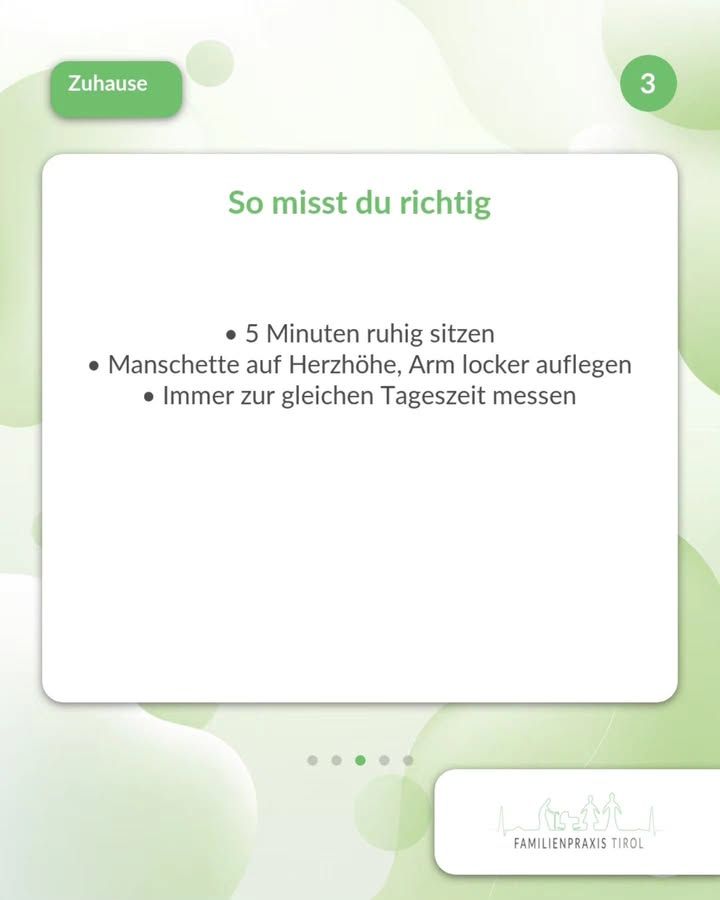 So misst du richtig — Überschrift in grüner Schrift auf einer weißen Karte. Darunter eine Aufzählung: „5 Minuten ruhig sitzen“, „Manschette auf Herzhöhe, Arm locker auflegen“, „Immer zur gleichen Tageszeit messen“. Links oben eine grüne Sprechblasenform mit dem Wort „Zuhause“, rechts oben ein grüner Kreis mit der Ziffer 3. Der Hintergrund ist hellgrün mit weichen, runden Formen. Unter der Karte zeigen fünf Punkte die Position in der Bilderreihe an, der dritte ist hervorgehoben. Unten rechts das Logo der Familienpraxis Tirol mit gezeichneten Familienfiguren.