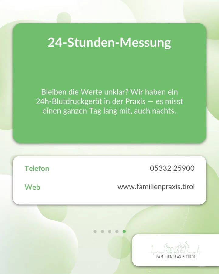 24-Stunden-Messung — Überschrift in weißer Schrift auf einer großen grünen Karte. Darunter steht: „Bleiben die Werte unklar? Wir haben ein 24h-Blutdruckgerät in der Praxis — es misst einen ganzen Tag lang mit, auch nachts.“ Unter der grünen Karte liegt eine weiße Kontaktkarte mit zwei Zeilen: „Telefon 05332 25900“ und „Web www.familienpraxis.tirol“, die Bezeichnungen in Grün. Der Hintergrund ist hellgrün mit weichen, runden Formen. Darunter zeigen fünf Punkte die Position in der Bilderreihe an, der fünfte ist hervorgehoben. Unten rechts das Logo der Familienpraxis Tirol mit gezeichneten Familienfiguren.