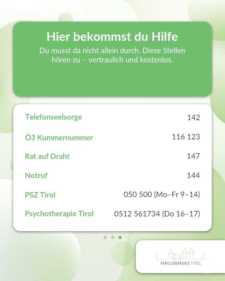 „Hier bekommst du Hilfe“ steht in weißer Schrift auf einem grünen Feld am oberen Rand, darunter: „Du musst da nicht allein durch. Diese Stellen hören zu – vertraulich und kostenlos.“ Auf einer weißen Karte darunter sind sechs Anlaufstellen mit ihren Nummern aufgelistet, die Namen in Grün, die Nummern rechts daneben in Schwarz: „Telefonseelsorge 142“, „Ö3 Kummernummer 116 123“, „Rat auf Draht 147“, „Notruf 144“, „PSZ Tirol 050 500 (Mo–Fr 9–14)“ und „Psychotherapie Tirol 0512 561734 (Do 16–17)“. Unter der Karte markieren drei kleine Punkte die dritte von drei Folien. Rechts unten in einer weißen Ecke die Wortmarke „FAMILIENPRAXIS TIROL“ mit einer feinen Strichzeichnung von Figuren und Bergen. Der Hintergrund ist hellgrün mit weichen, überlappenden Kreisformen.